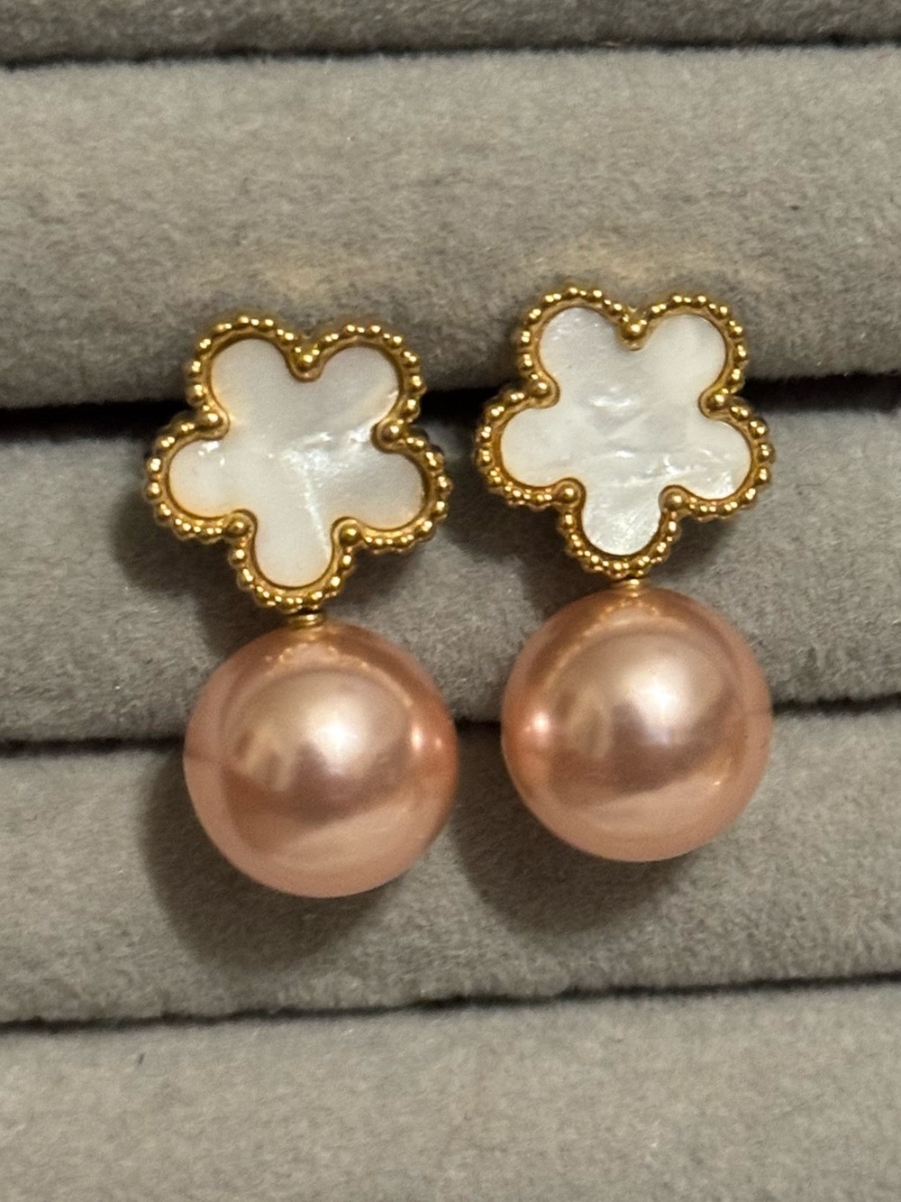 Gold-Tone Mother-of-Pearl Clover Earrings with Pink Pearl Drops